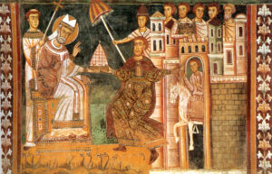 A 13th-century fresco of Sylvester I and Constantine the Great, showing the purported Donation (Santi Quattro Coronati, Rome)